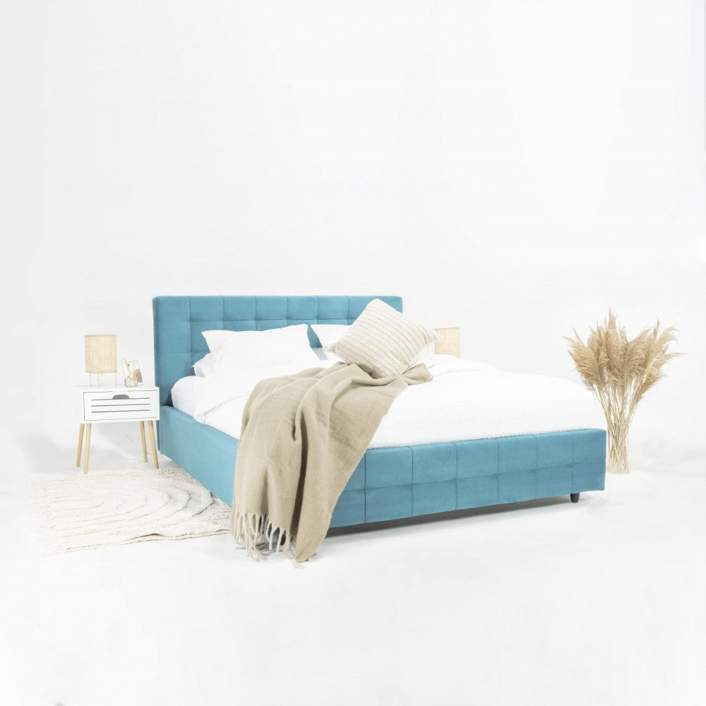 Pat tapitat Abra New cu somiera rabatabila si spatiu de depozitare, Blue